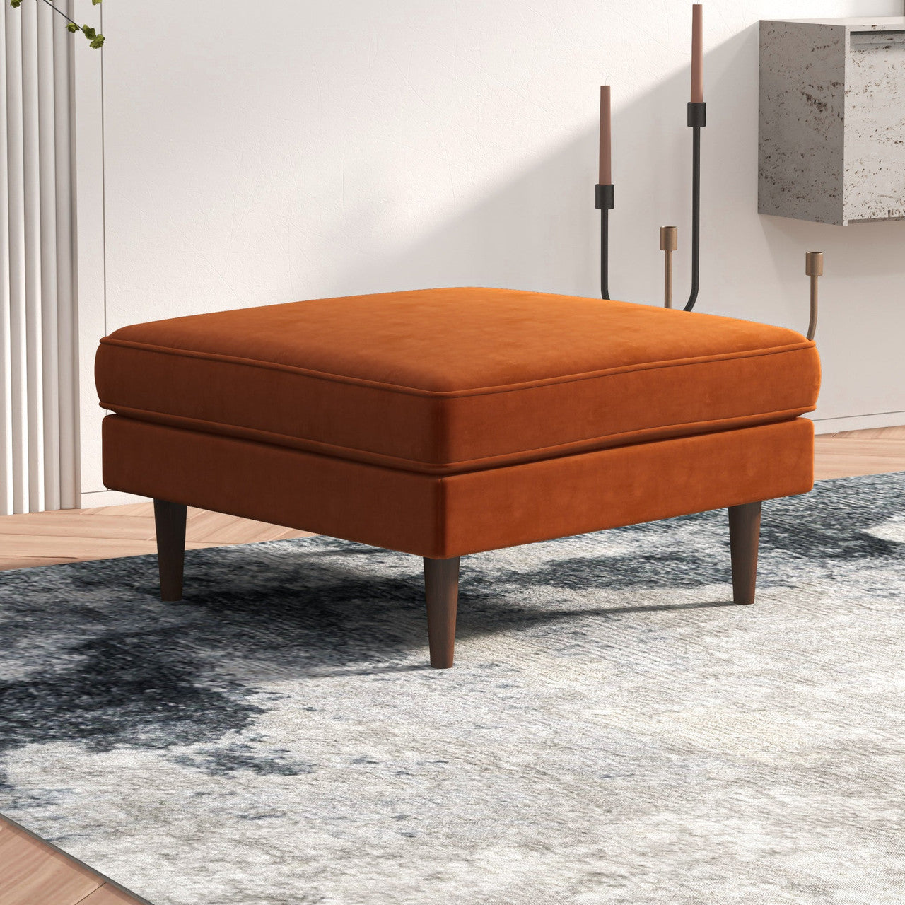 Amber  Square Upholstered Ottoman (Burnt Orange Velvet)
