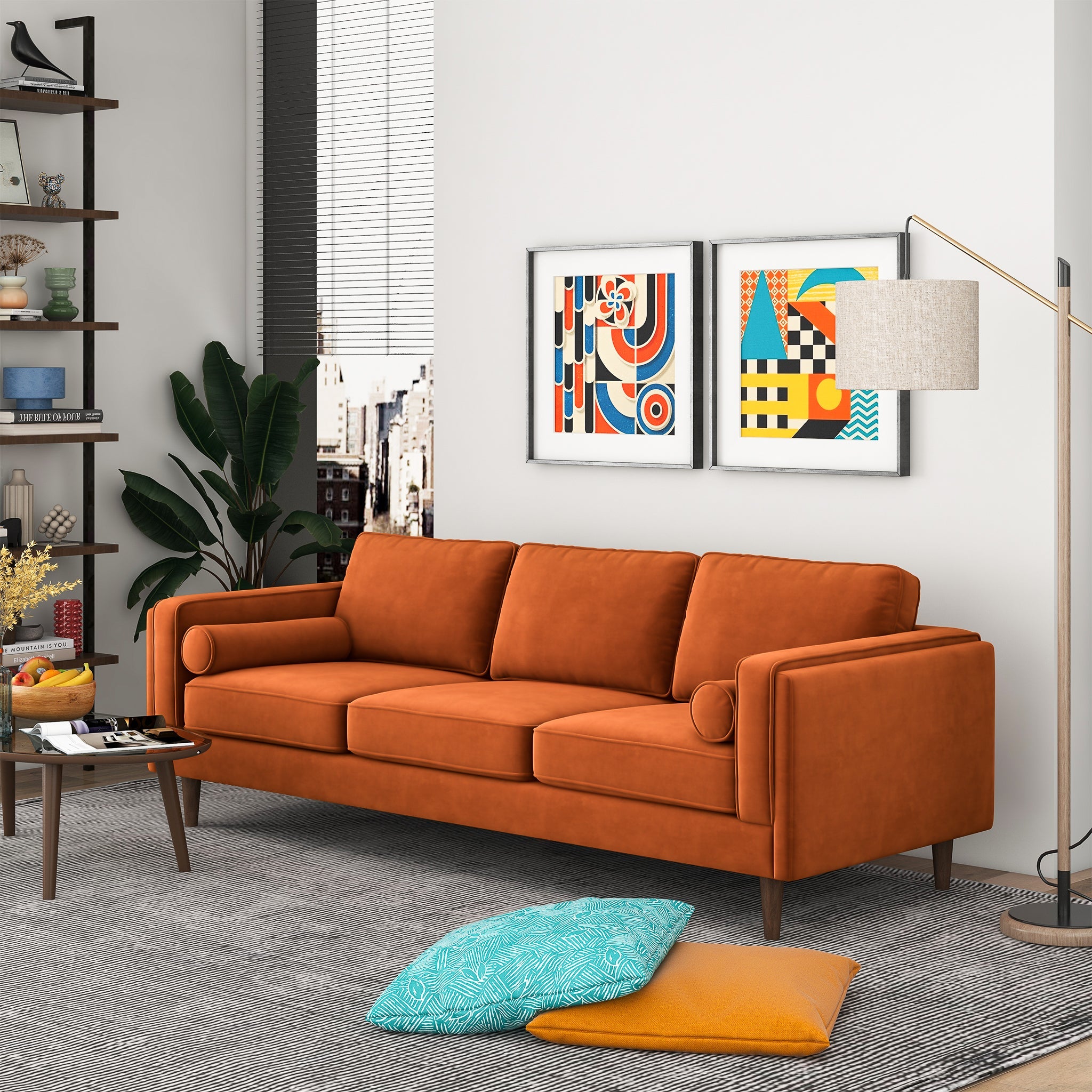 Amber Mid-Century Modern Burnt Orange Luxury Velvet Sofa