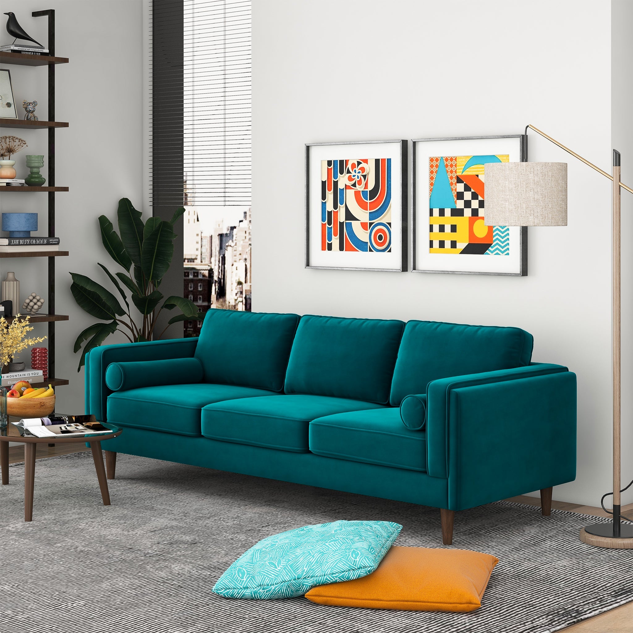 Amber Mid-Century Modern Teal Luxury Velvet Sofa