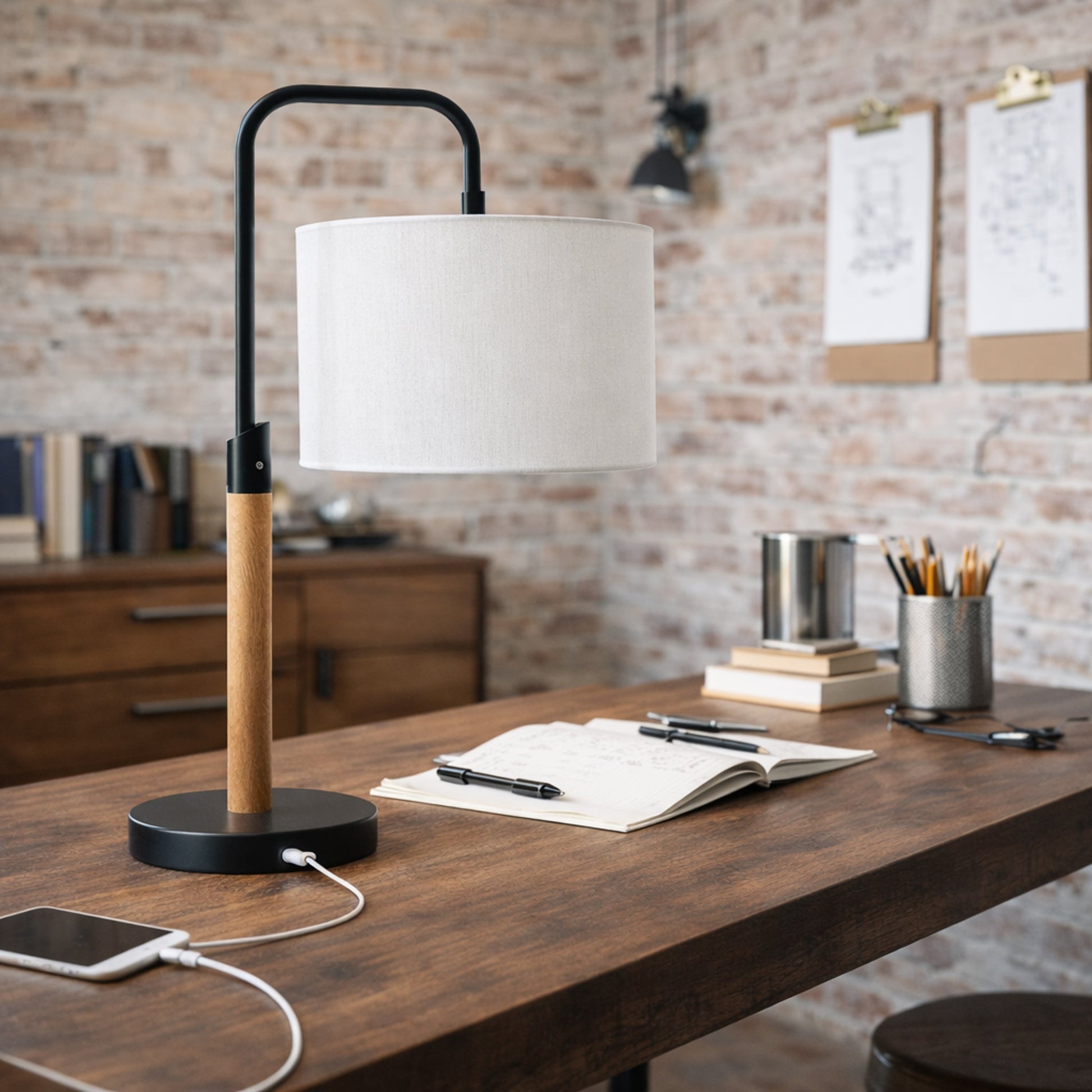 Arcus Paniz Table Lamp | Metal Swirl and Cylinder Shade