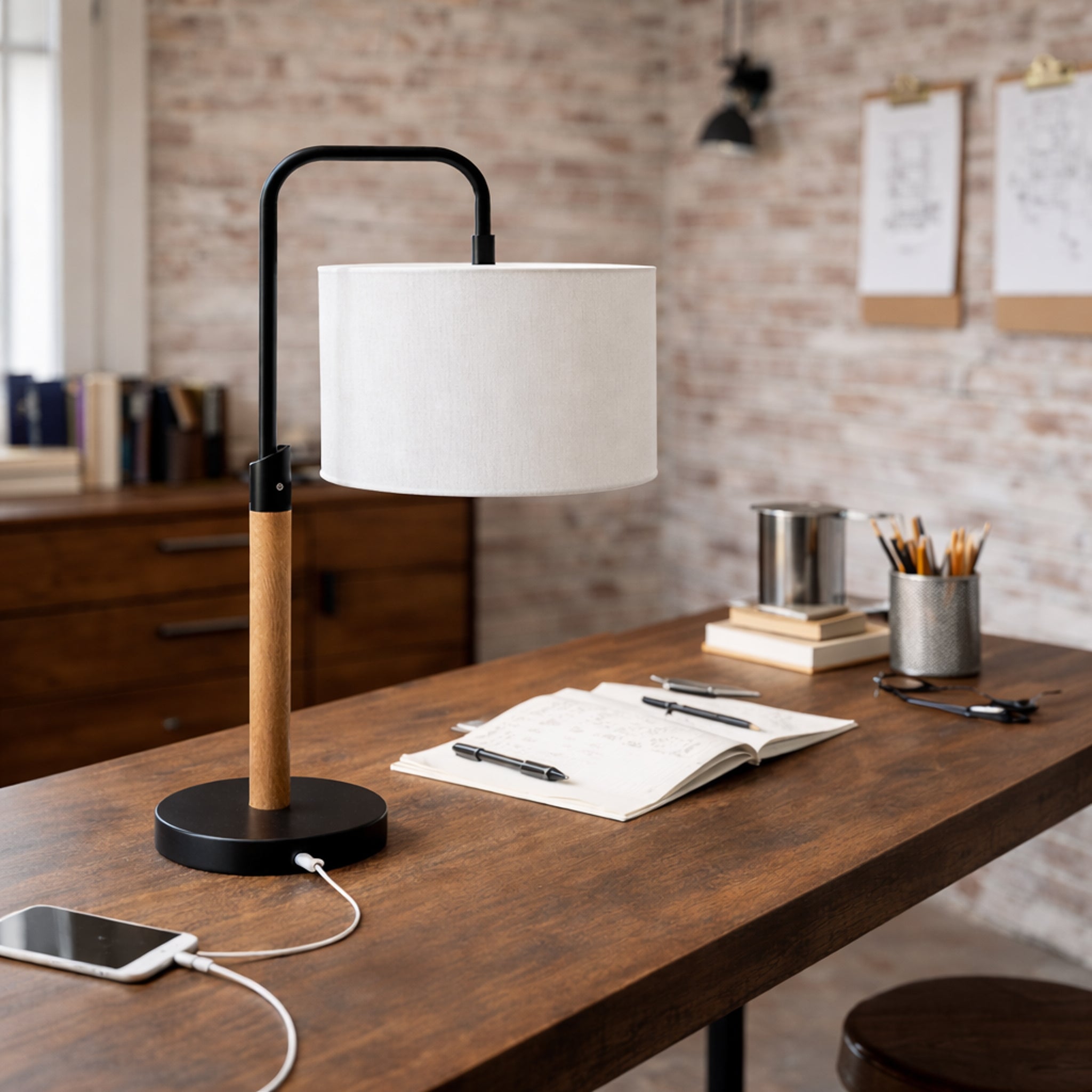 Arcus Paniz Table Lamp | Metal Swirl and Cylinder Shade