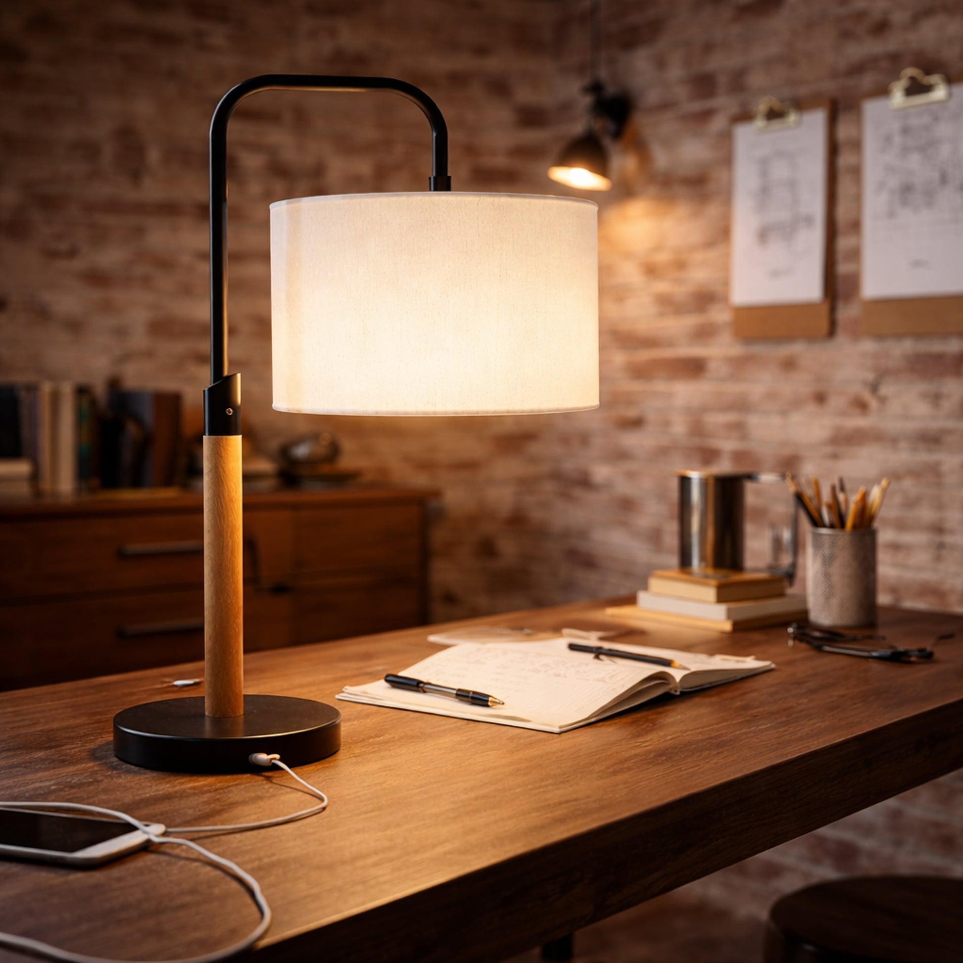 Arcus Paniz Table Lamp | Metal Swirl and Cylinder Shade
