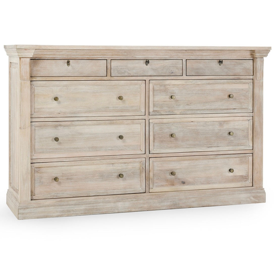 Adelaide 9-Drawer Mango Wood Dresser 70" Natural White Wash