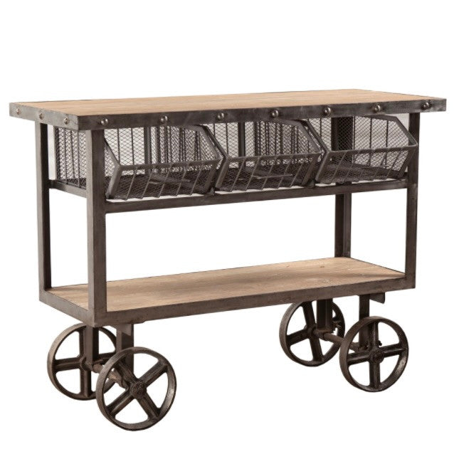 Industrial Natural Oiled Teak + Iron Rolling Kitchen Cart 48"