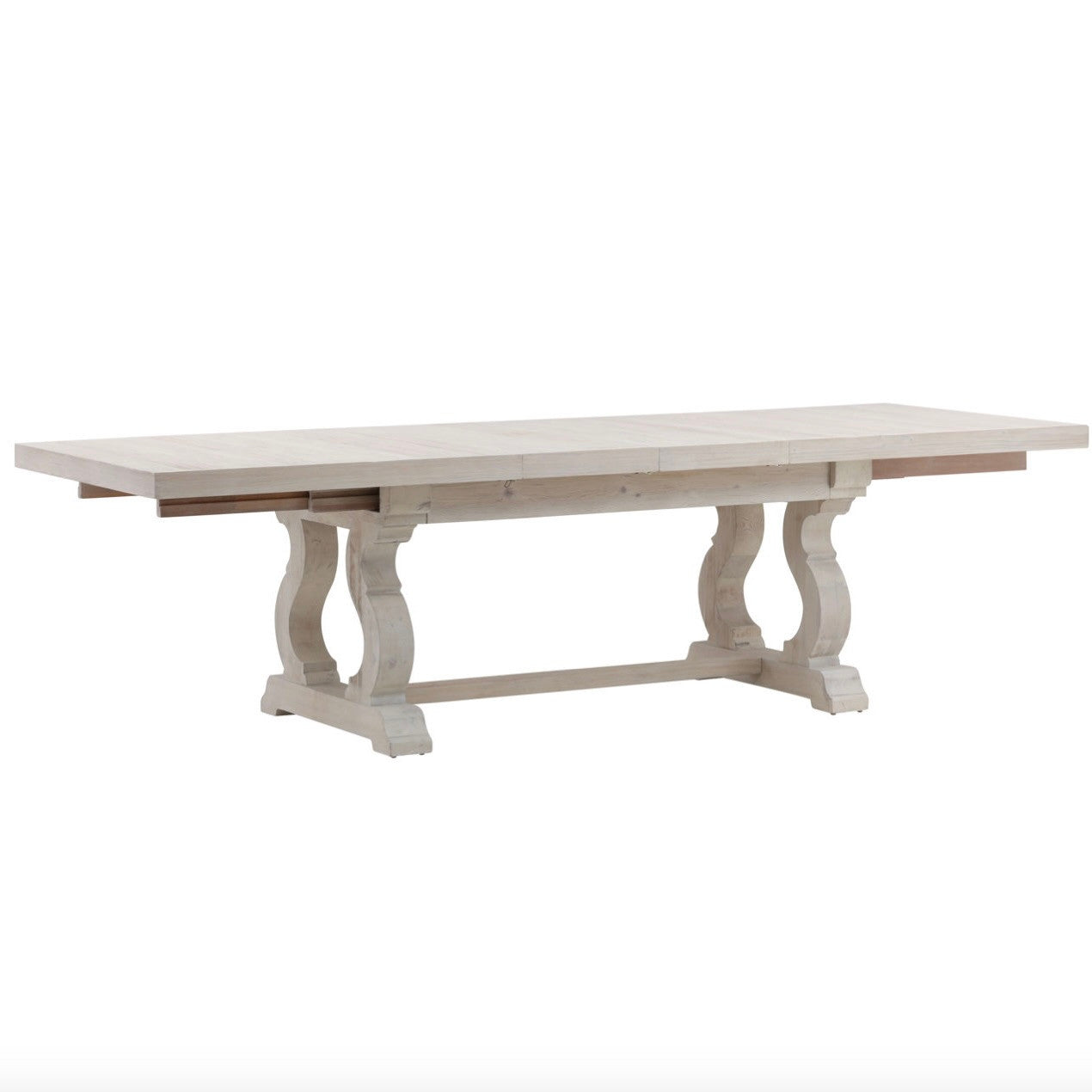 Chantelle Whitewashed Pine Extendable Trestle Dining Table 78-110"
