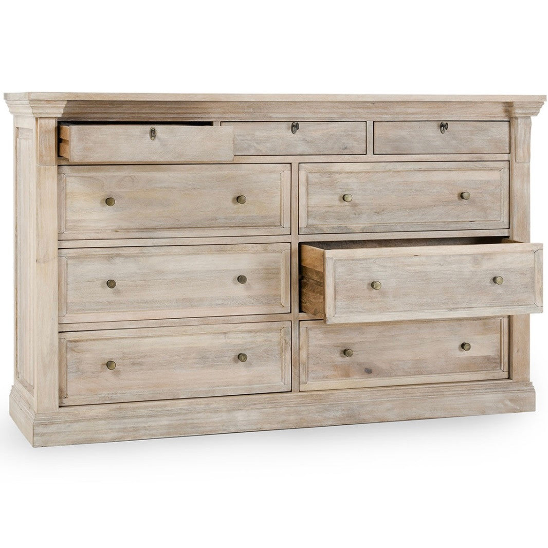 Adelaide 9-Drawer Mango Wood Dresser 70" Natural White Wash