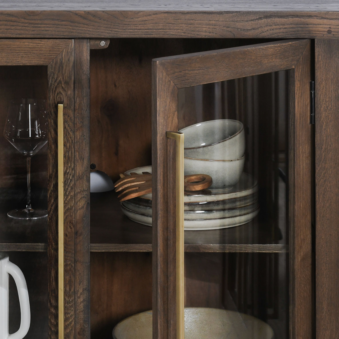 Amy Oak Wood 6 Glass Door Media Cabinet 108"