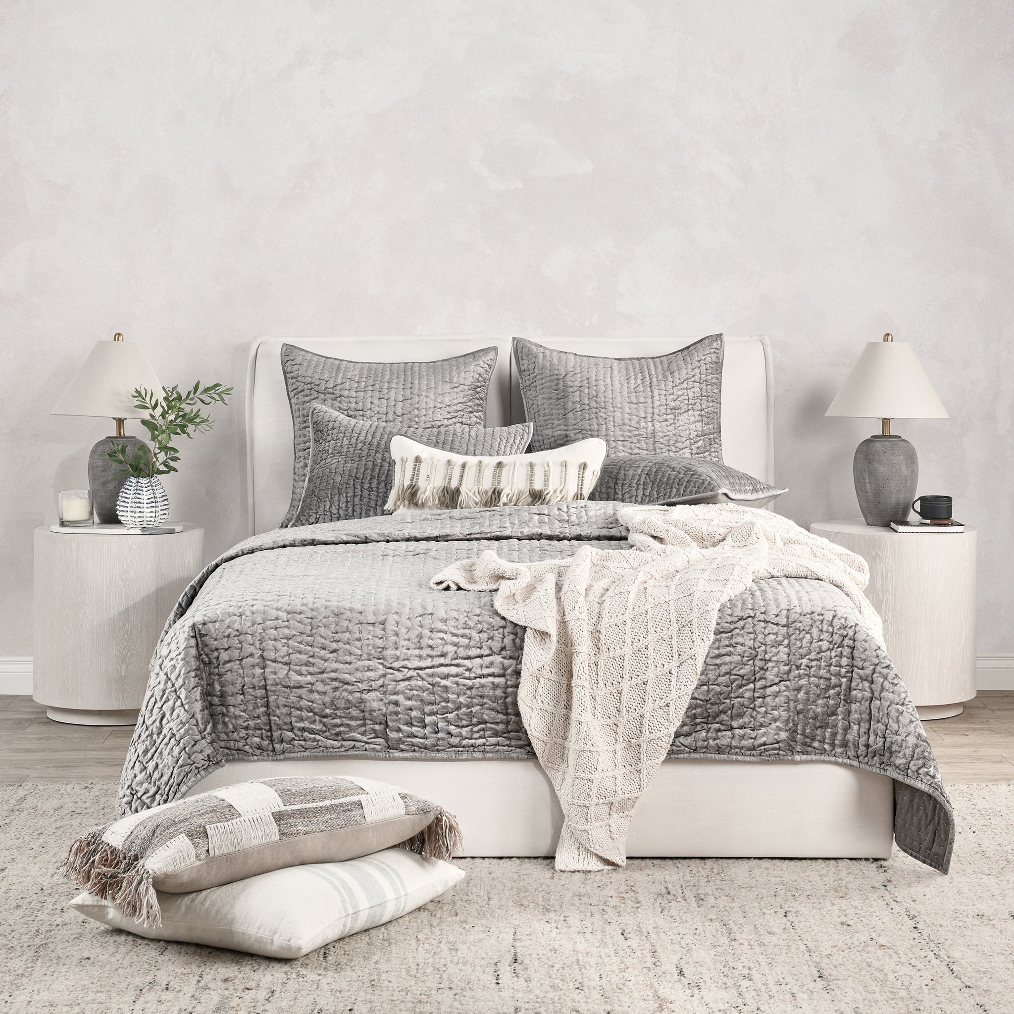 Bari Velvet Quilt Collection - Gray - King / Set