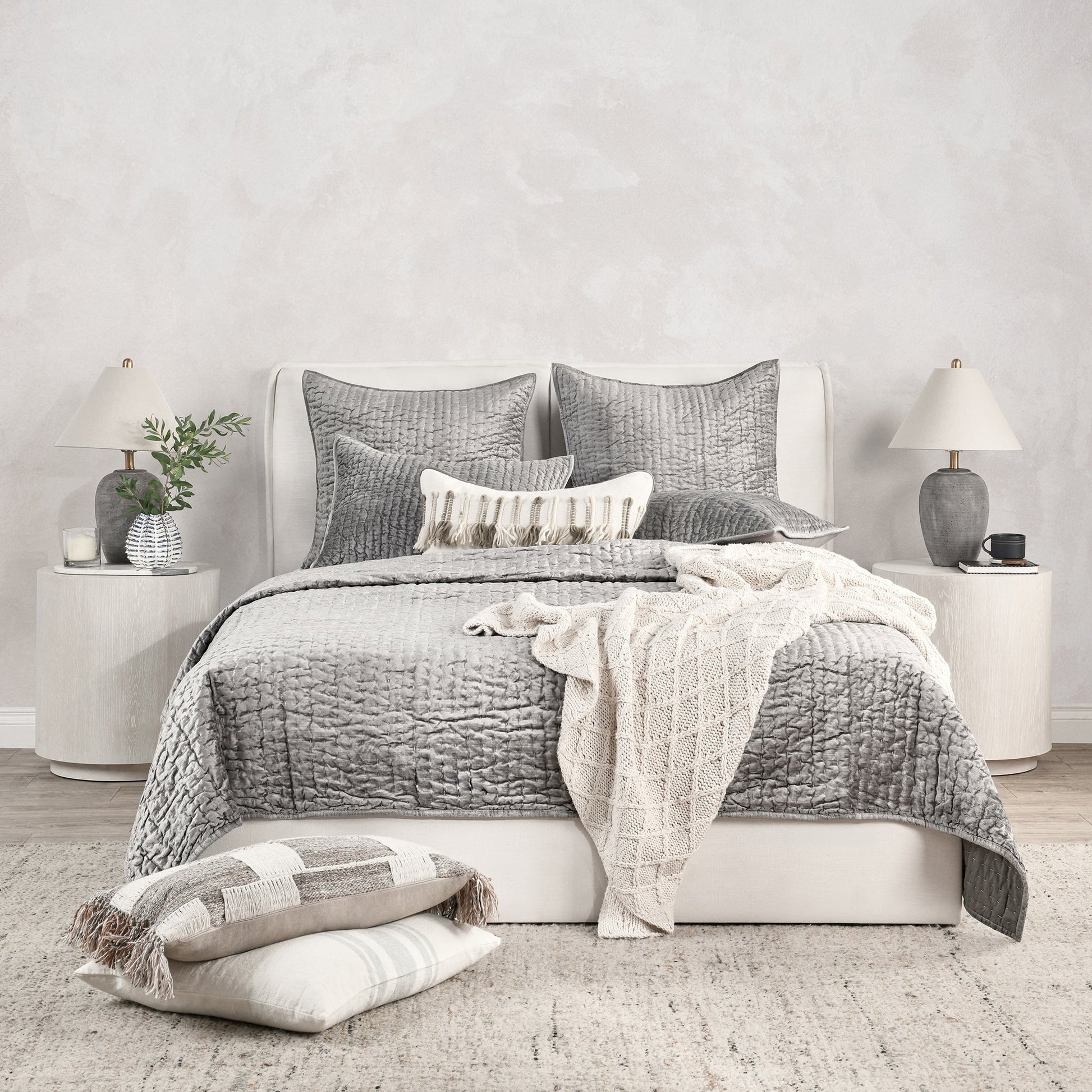 Bari Velvet Quilt Collection - Gray - King / Set