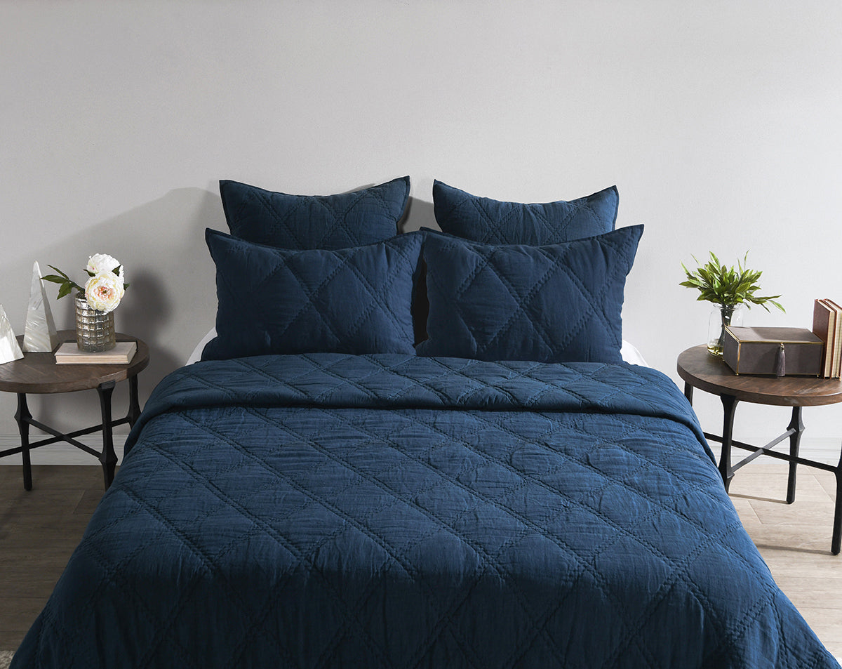 Caleb Hand Stitched Quilt - Midnight Blue - King / Set