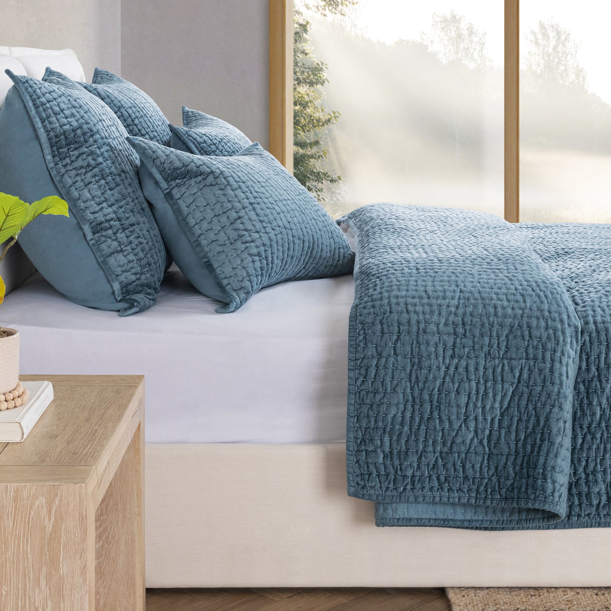 Bari Velvet Quilt Collection - Stone Blue - King / Set