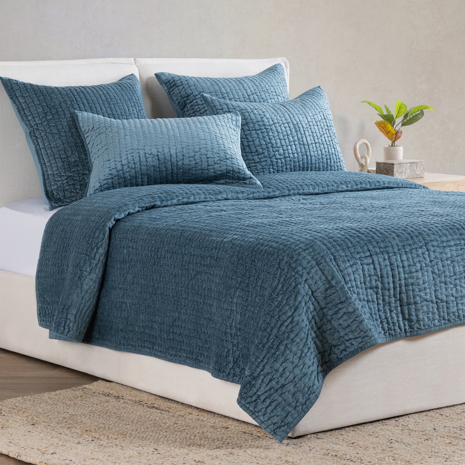 Bari Velvet Quilt Collection - Stone Blue - King / Set
