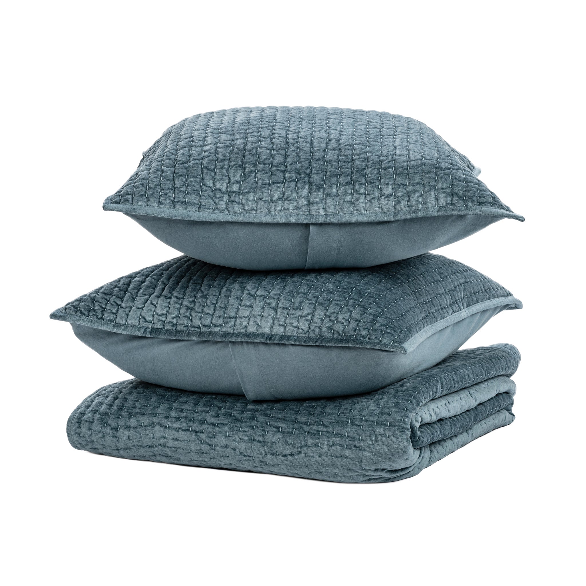 Bari Velvet Quilt Collection - Stone Blue - King / Set