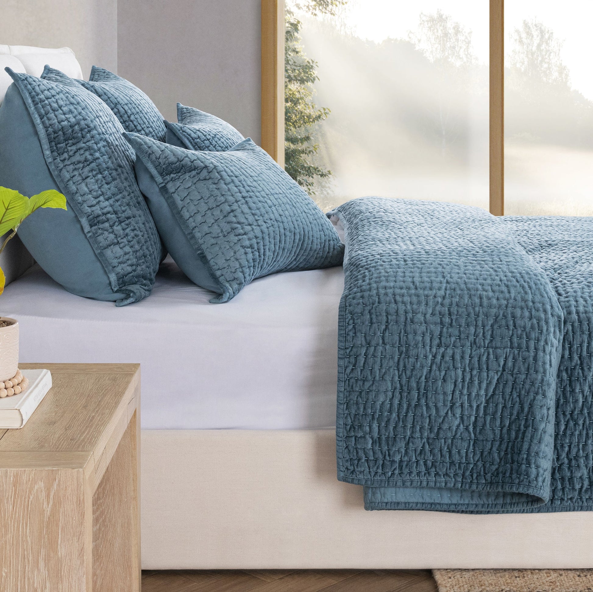 Bari Velvet Quilt Collection - Stone Blue - King / Set