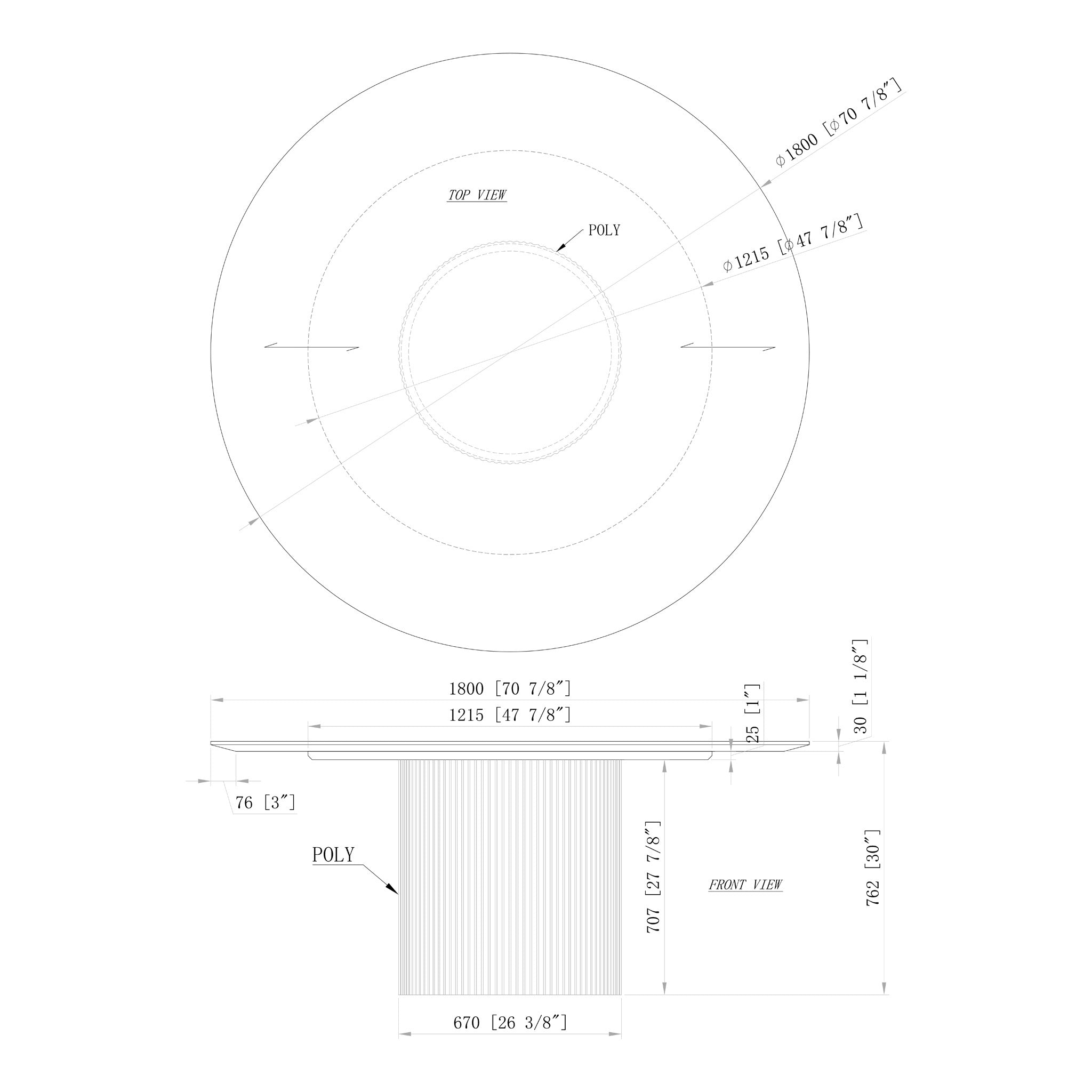 Atenas Round Dining Table Ebano by Urbia - dimensions drawing