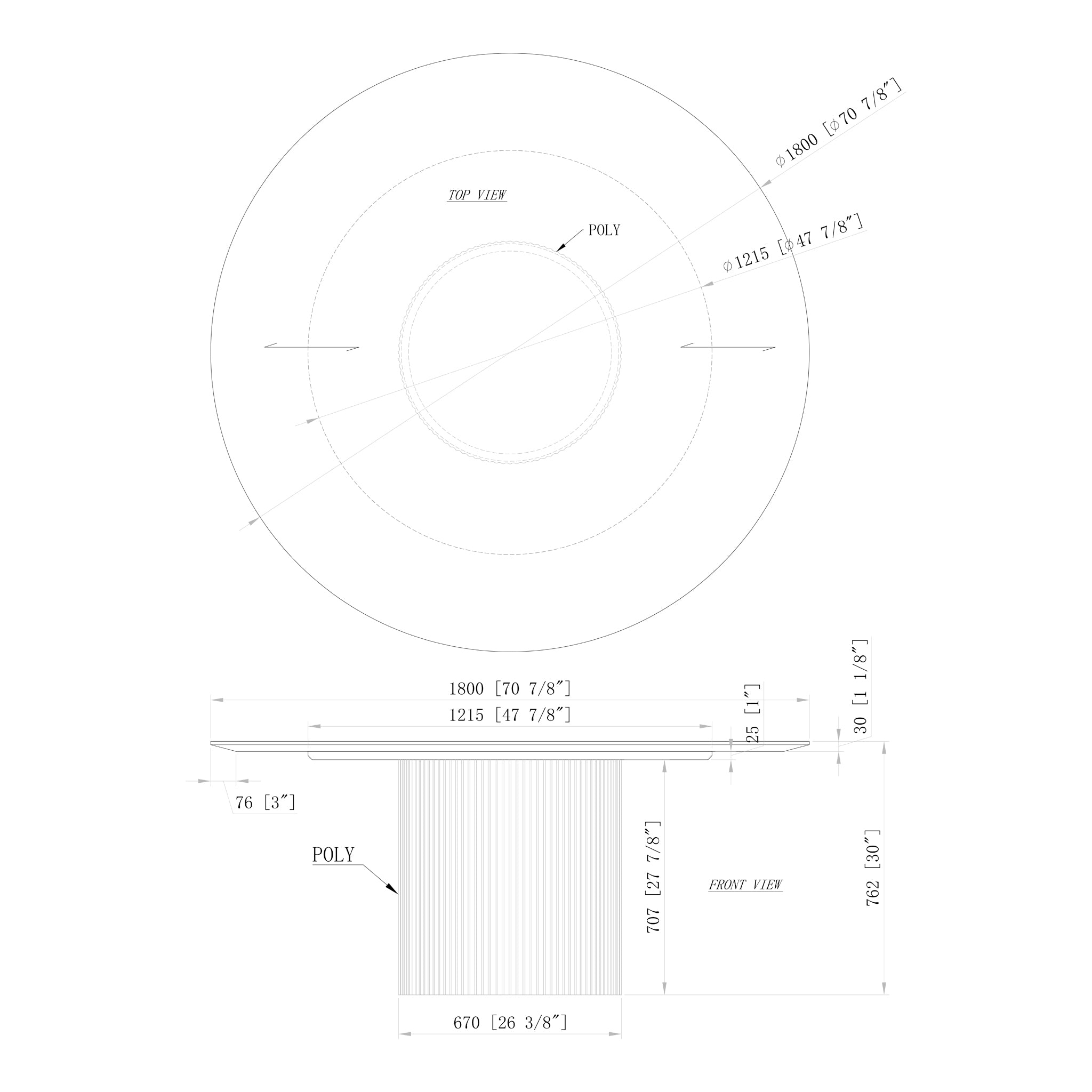 Atenas Round Dining Table Nevoa by Urbia - dimensions drawing