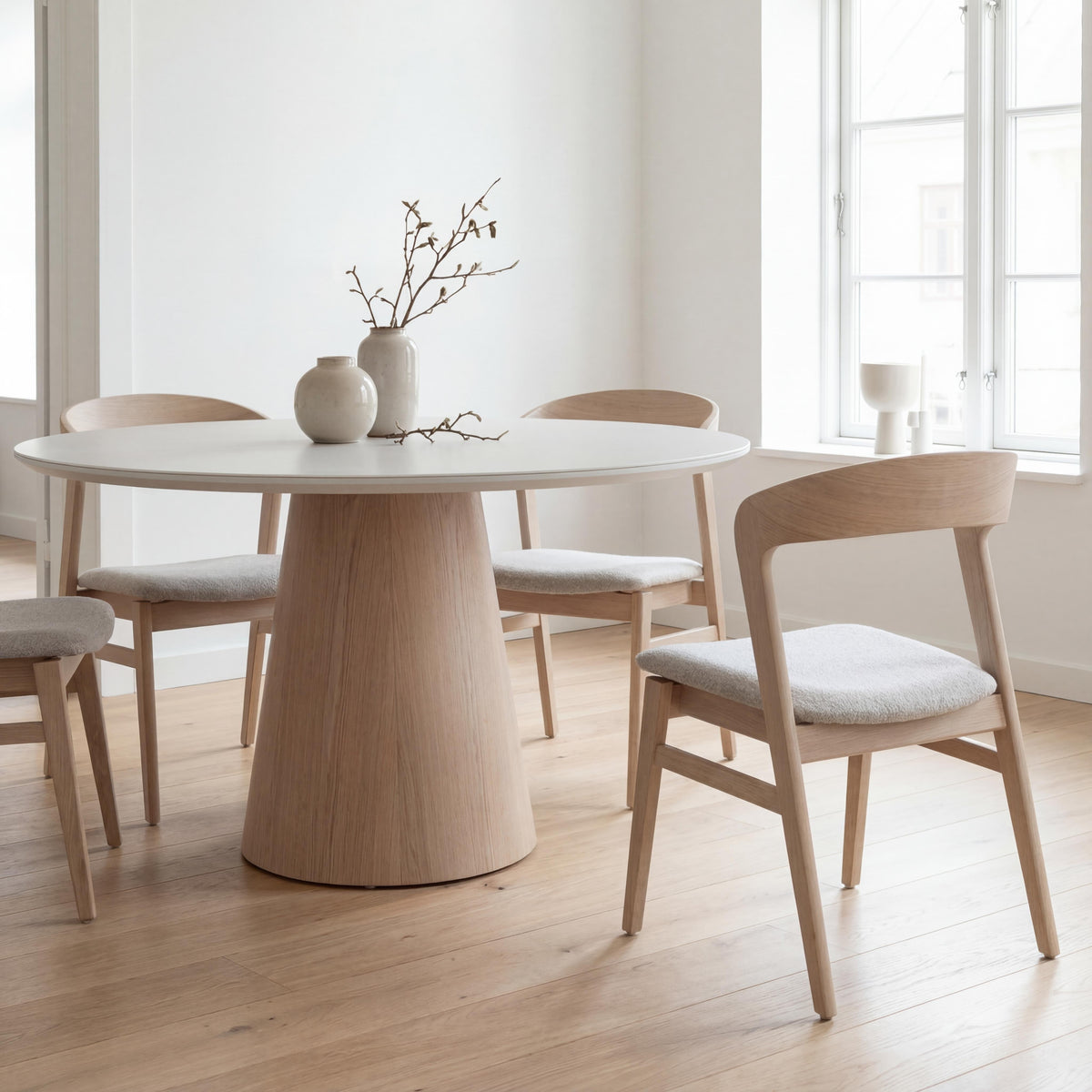 Mona Round Glass Top Dining Table Off White, Nevoa by Urbia - styled room view