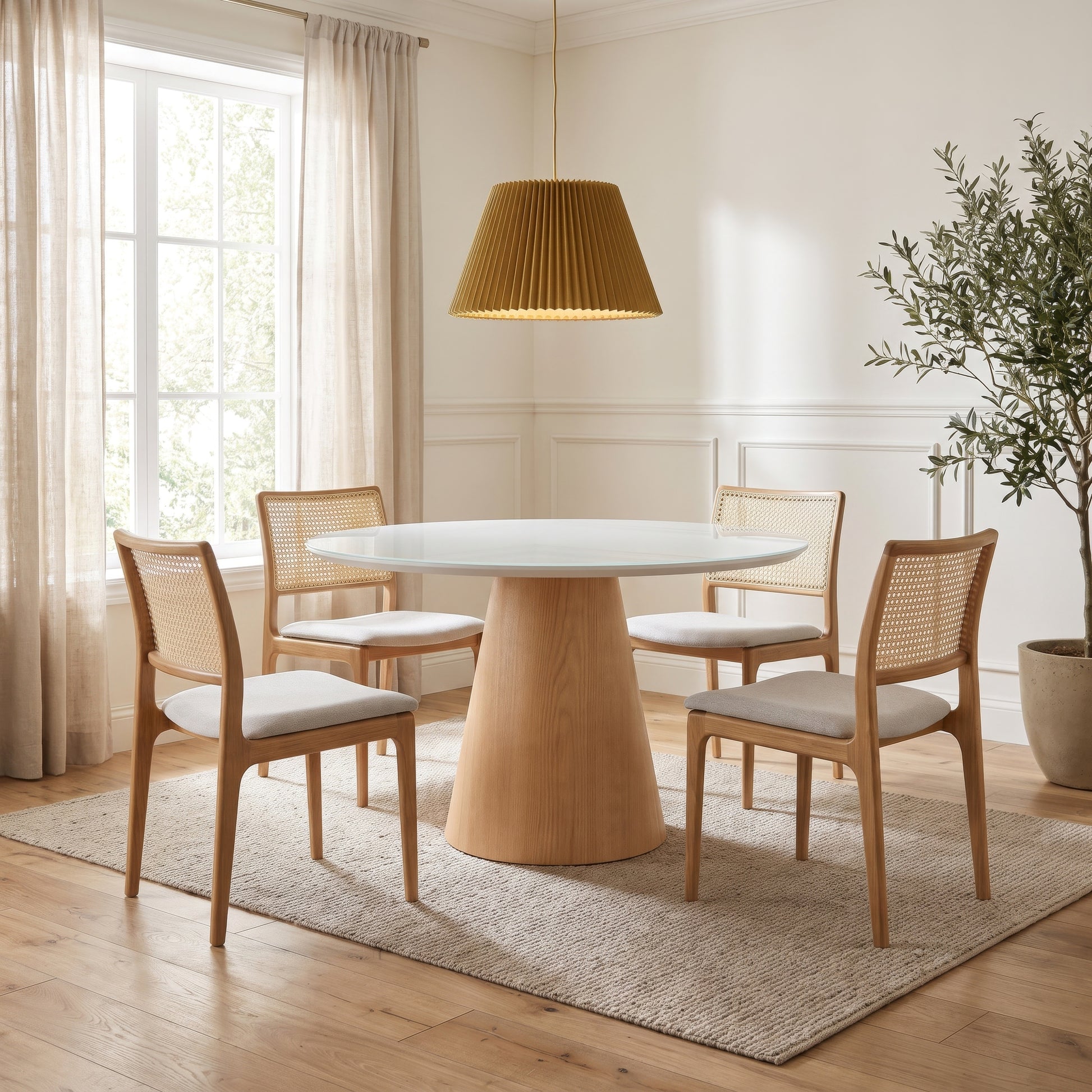 Mona Round Glass Top Dining Table Branco, Damasco by Urbia - styled room view