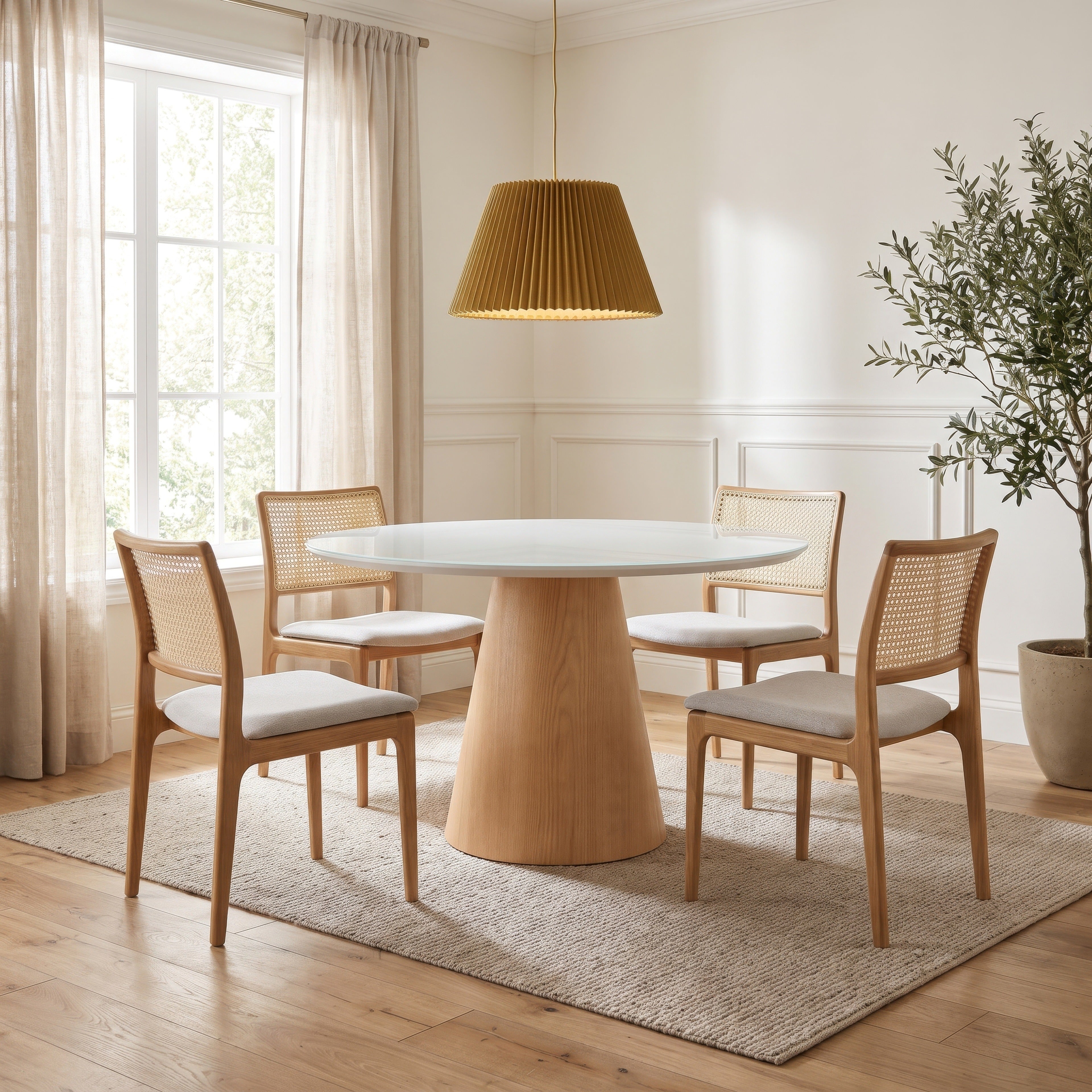Mona Round Glass Top Dining Table Branco, Damasco by Urbia - styled room view