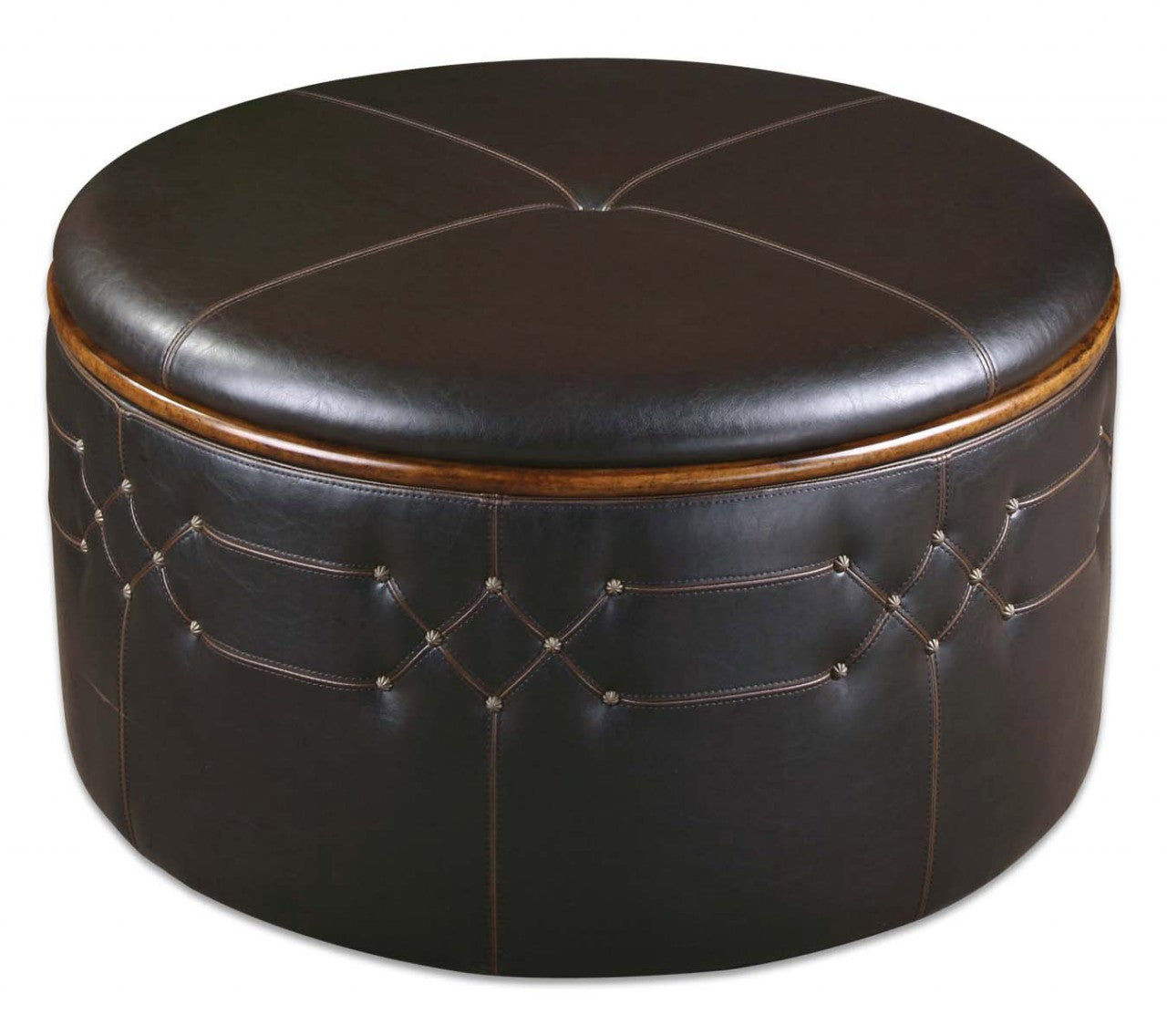 Round Brown Leather storage ottoman