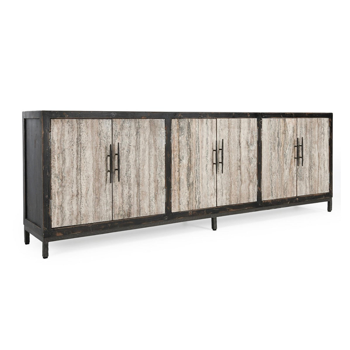 Lisbon 6-Door Reclaimed Wood and Travertine Sideboard 103"