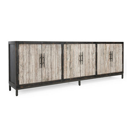 Lisbon 6-Door Reclaimed Wood and Travertine Sideboard 103"
