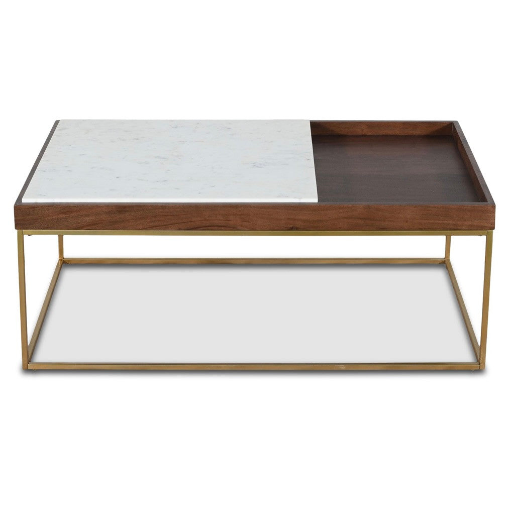 Serene 45" White Marble Coffee Table Walnut
