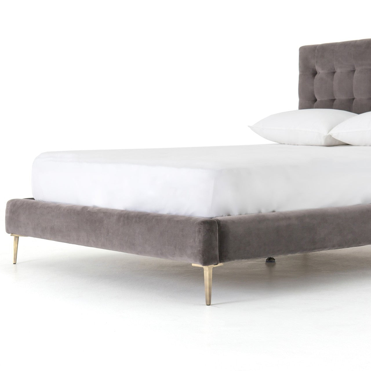 Rennie Grey Velvet Upholstered Tufted King Platform Bed