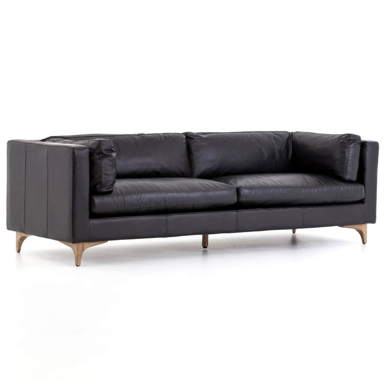 Beckwith Mid Century Modern Black Leather Cushion Back Sofa 94"