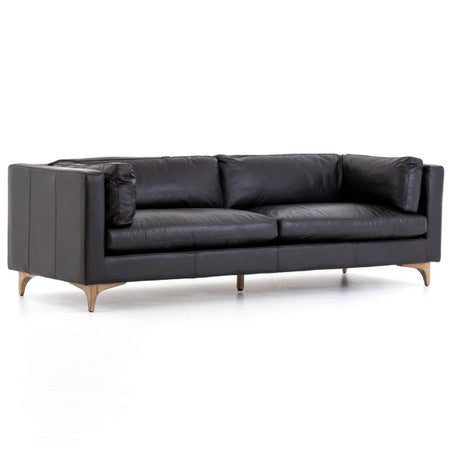 Beckwith Mid Century Modern Black Leather Cushion Back Sofa 94"