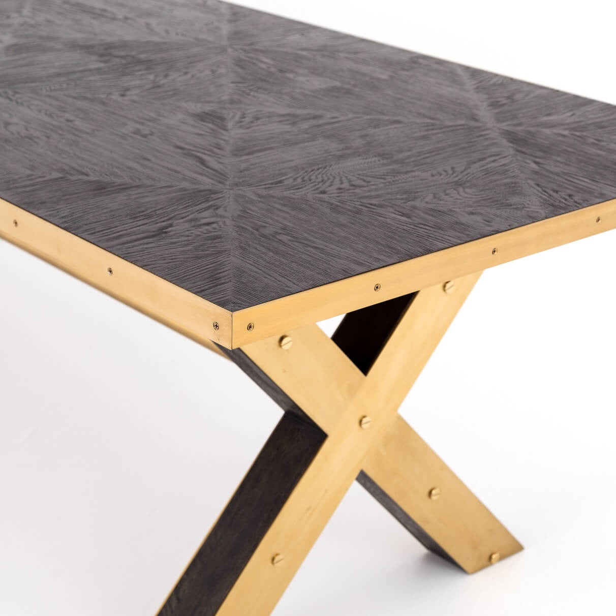 Burton Polished Brass X-Base Oak Wood Dining Table 99"