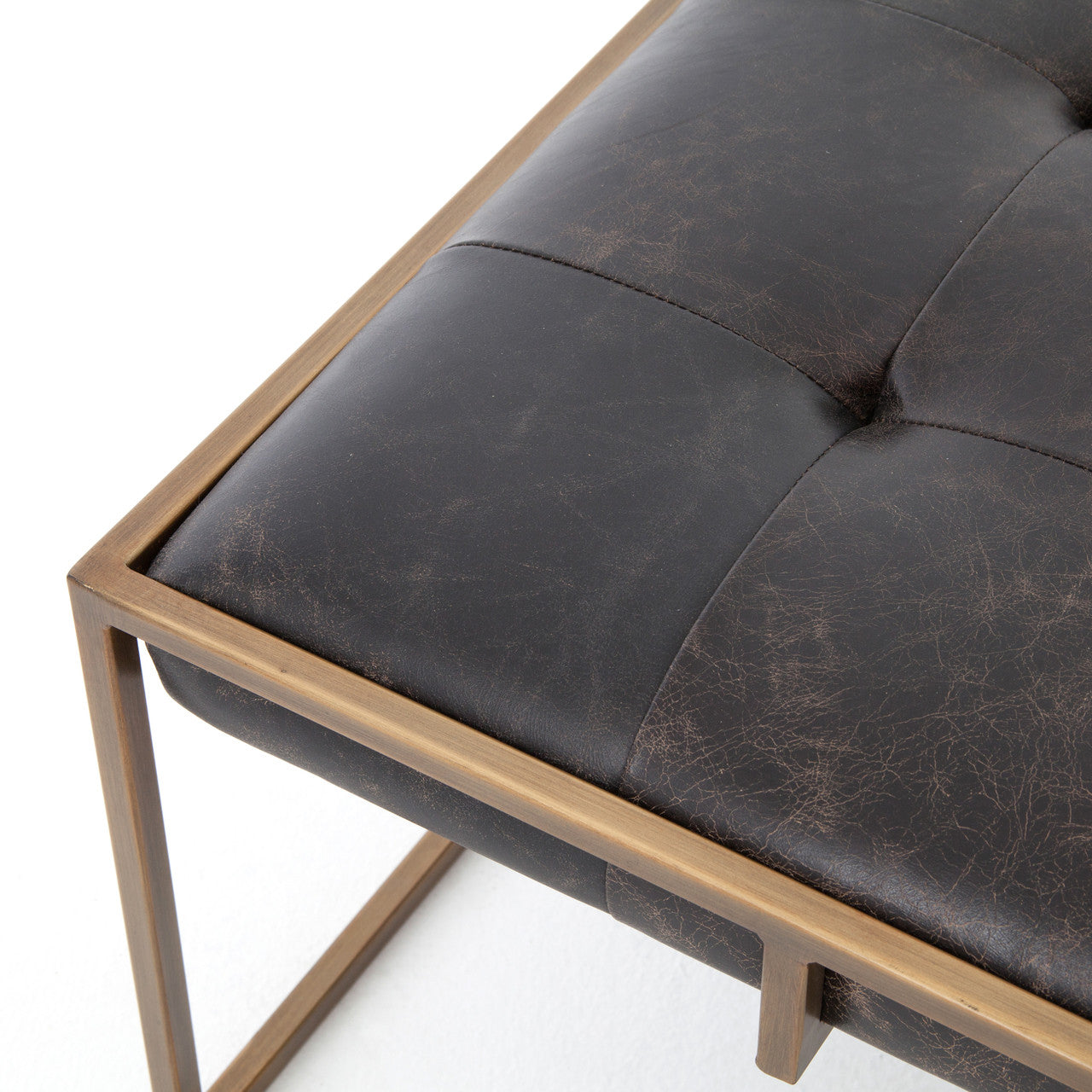 Oxford Tufted Black Leather Square Ottoman Coffee Table with Brass
