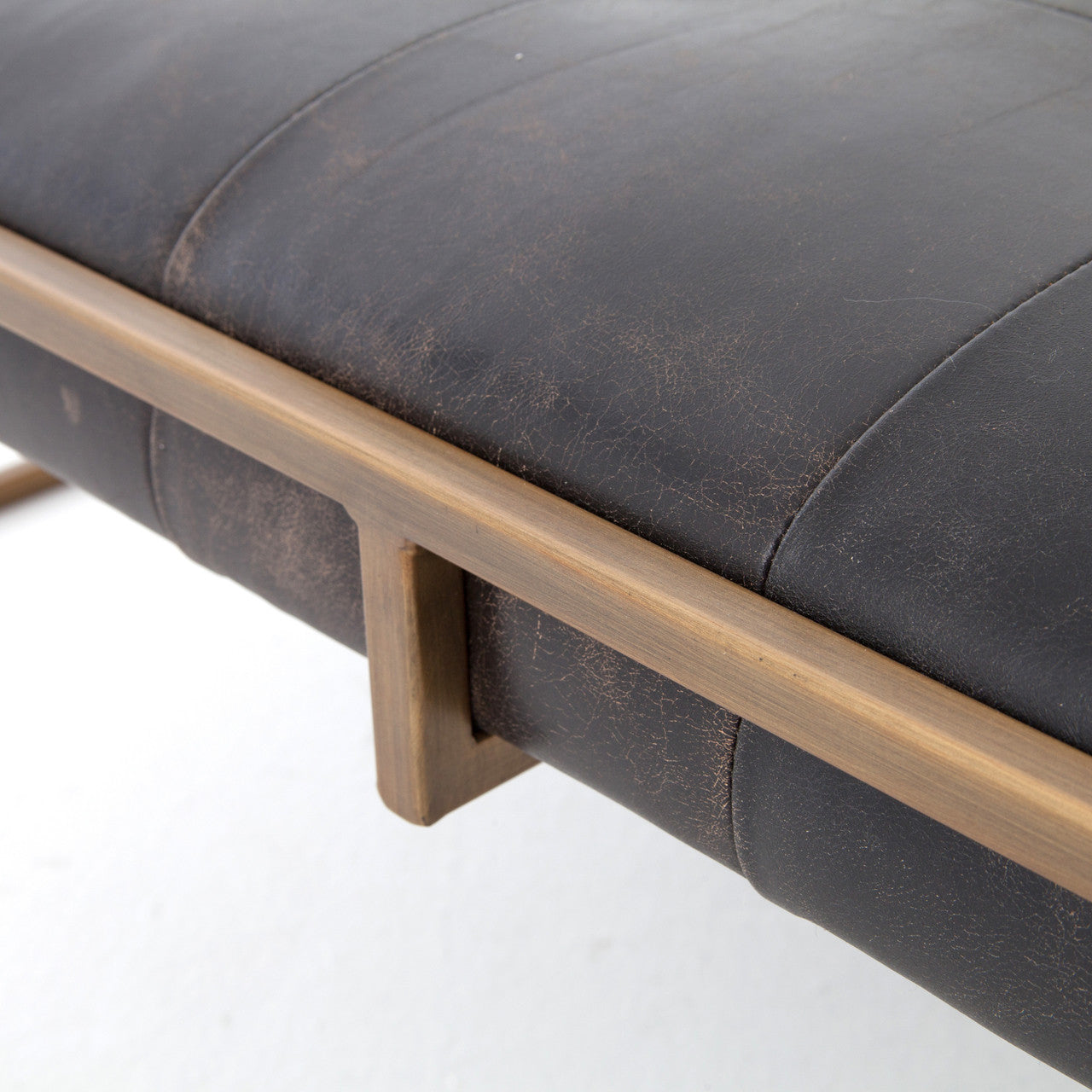 Oxford Tufted Black Leather Square Ottoman Coffee Table with Antique Brass legs