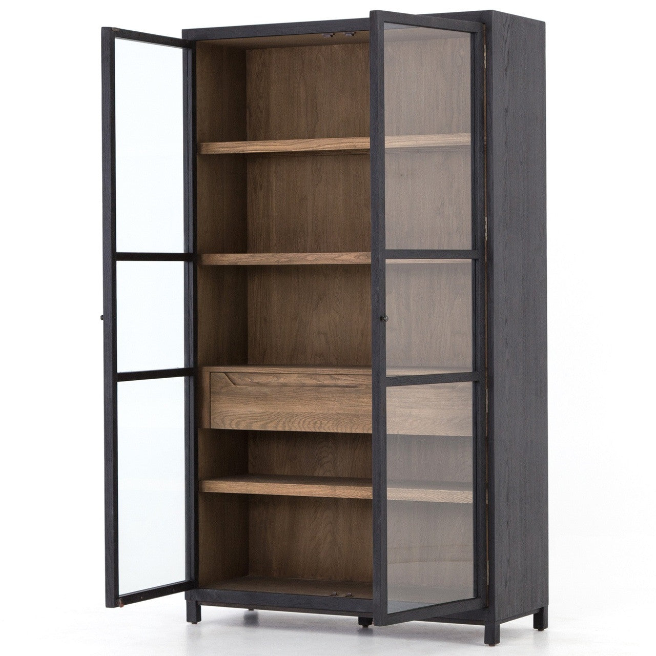 Millie Drifted Black Oak Wood Glass Door Display Cabinet