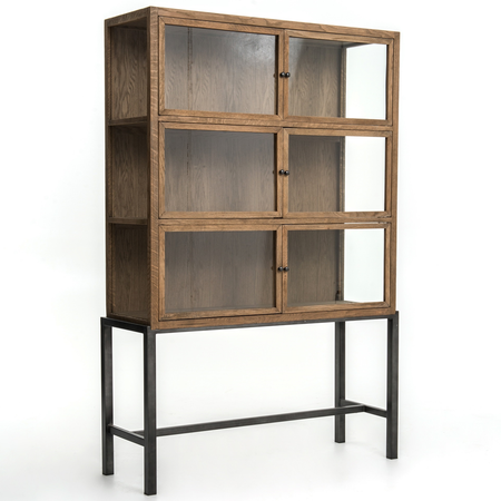 Spencer Oak Wood Curio Display Cabinet with Iron Base