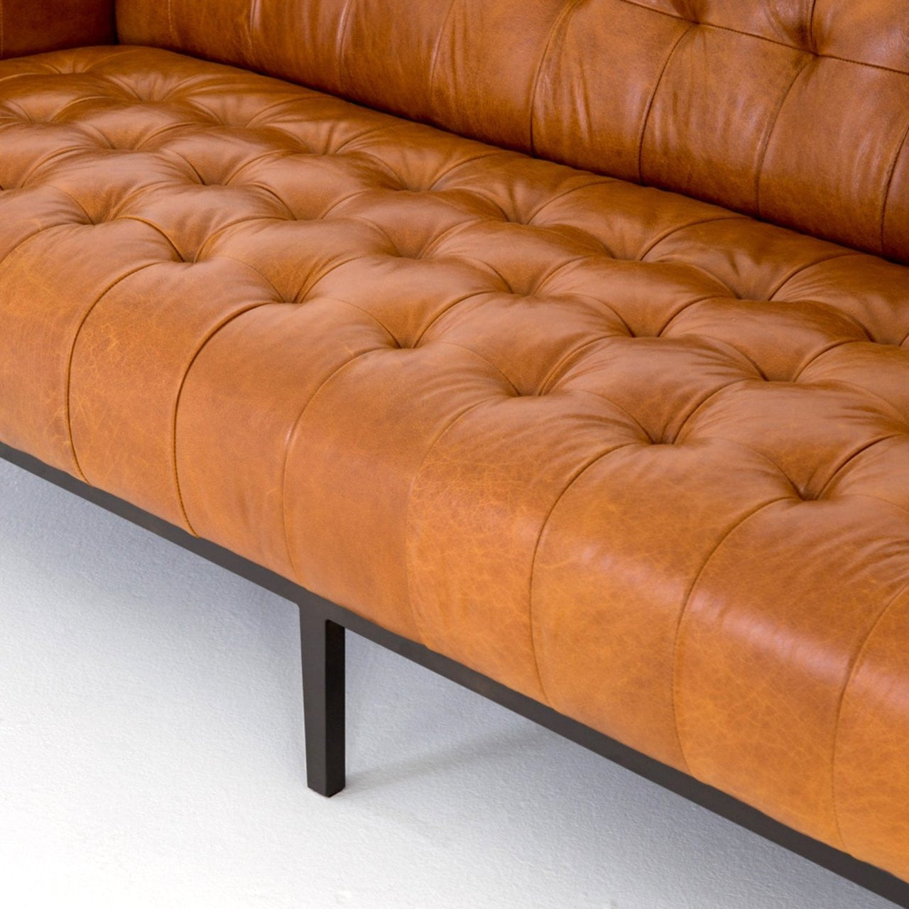 Modern Chesterfield Sycamore Tan Leather Tufted Low Back Sofa 96"