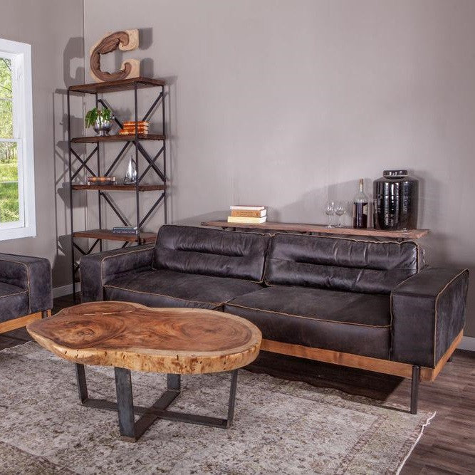 Loft Industrial Ebony Leather Sofa 95"