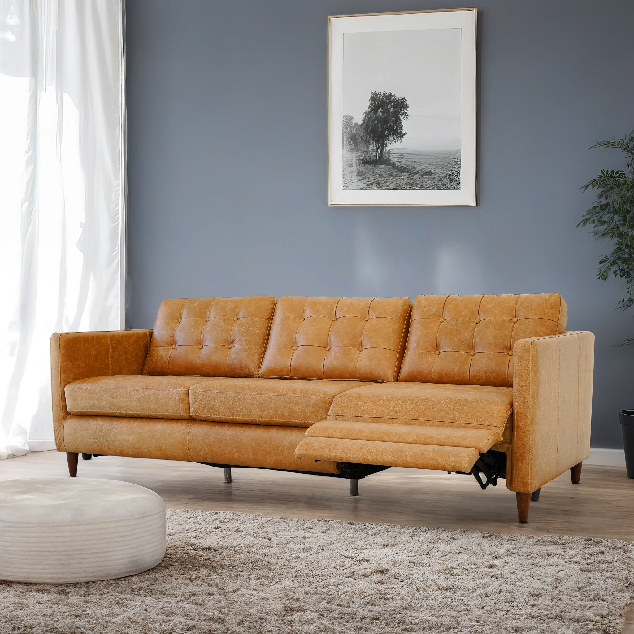 Christopher Tan Leather Electric Inclining Sofa | Right Facing Power Recliner Couch