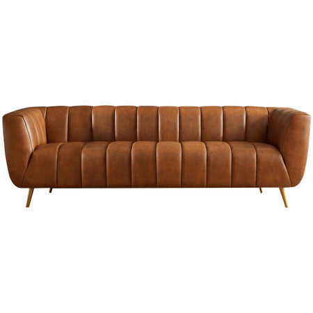 Ava Genuine Italian Tan Leather Channel Tufted Sofa - 85.5"