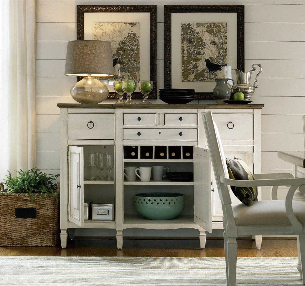Country-Chic Maple Wood White buffet with wine glass rack