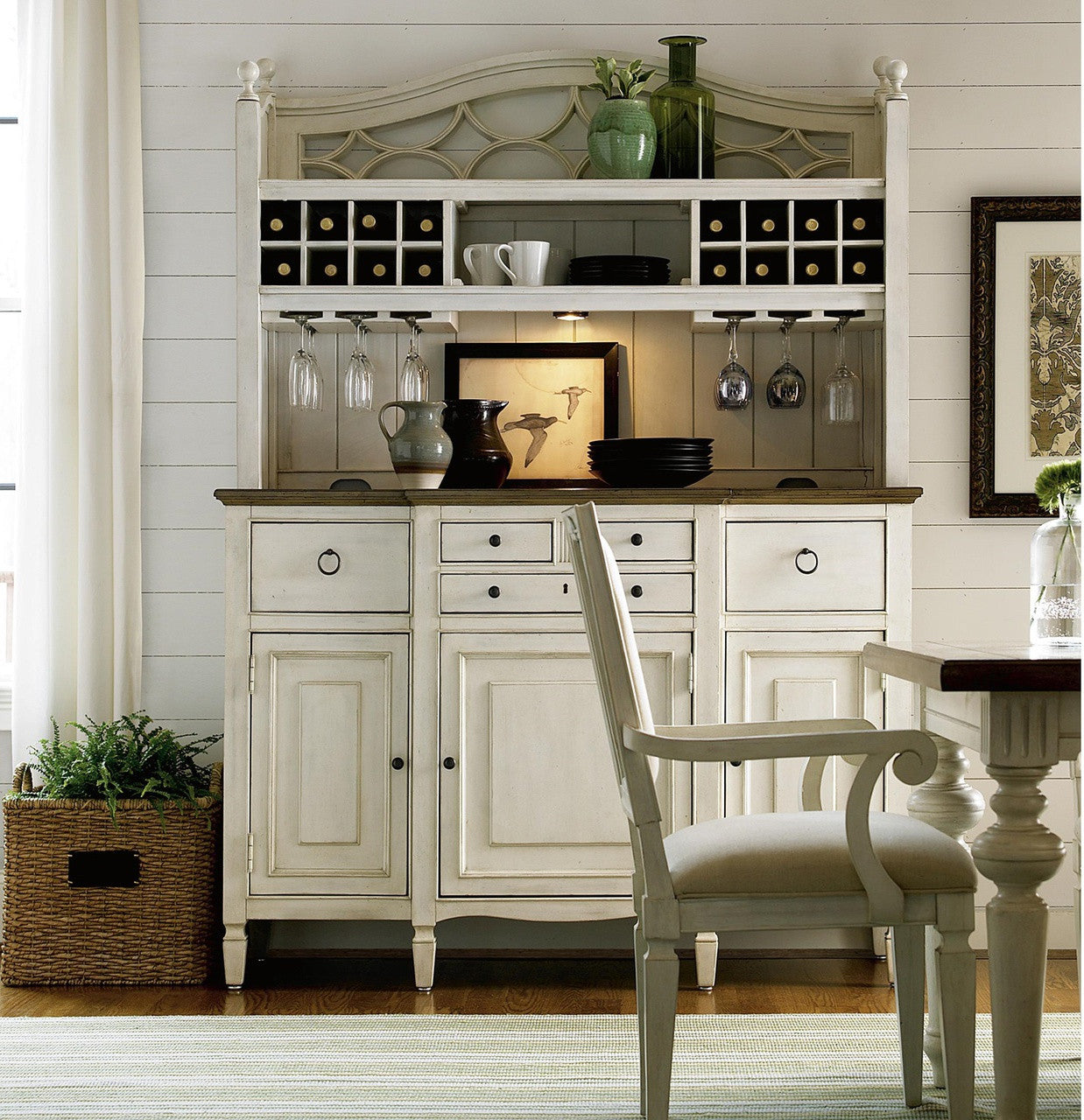Country-Chic Maple Wood White buffet table with wine storage