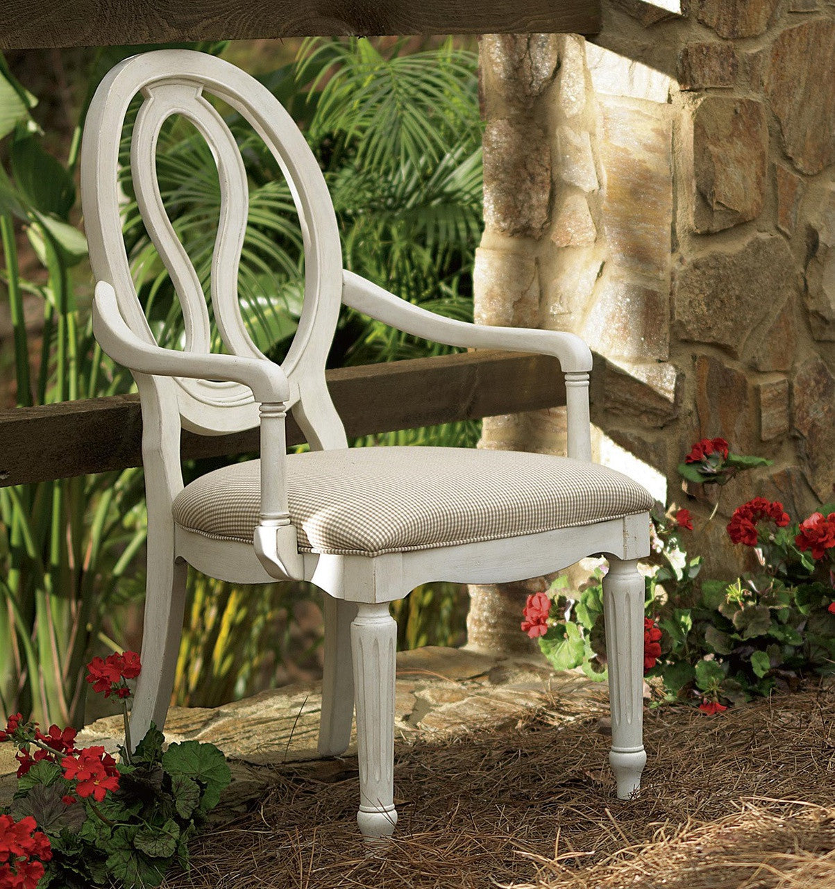 Country-Chic Maple Wood White Pierced Back Dining Arm Chair