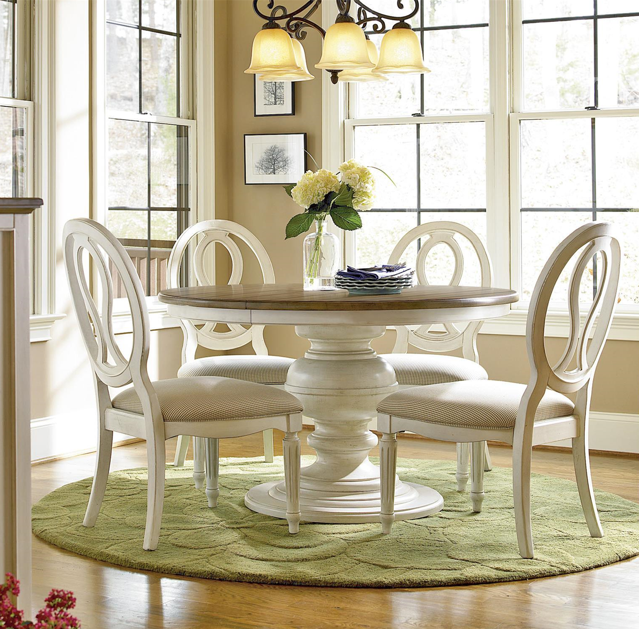 Country-Chic Maple Wood White Round Extendable Pedestal Dining Table