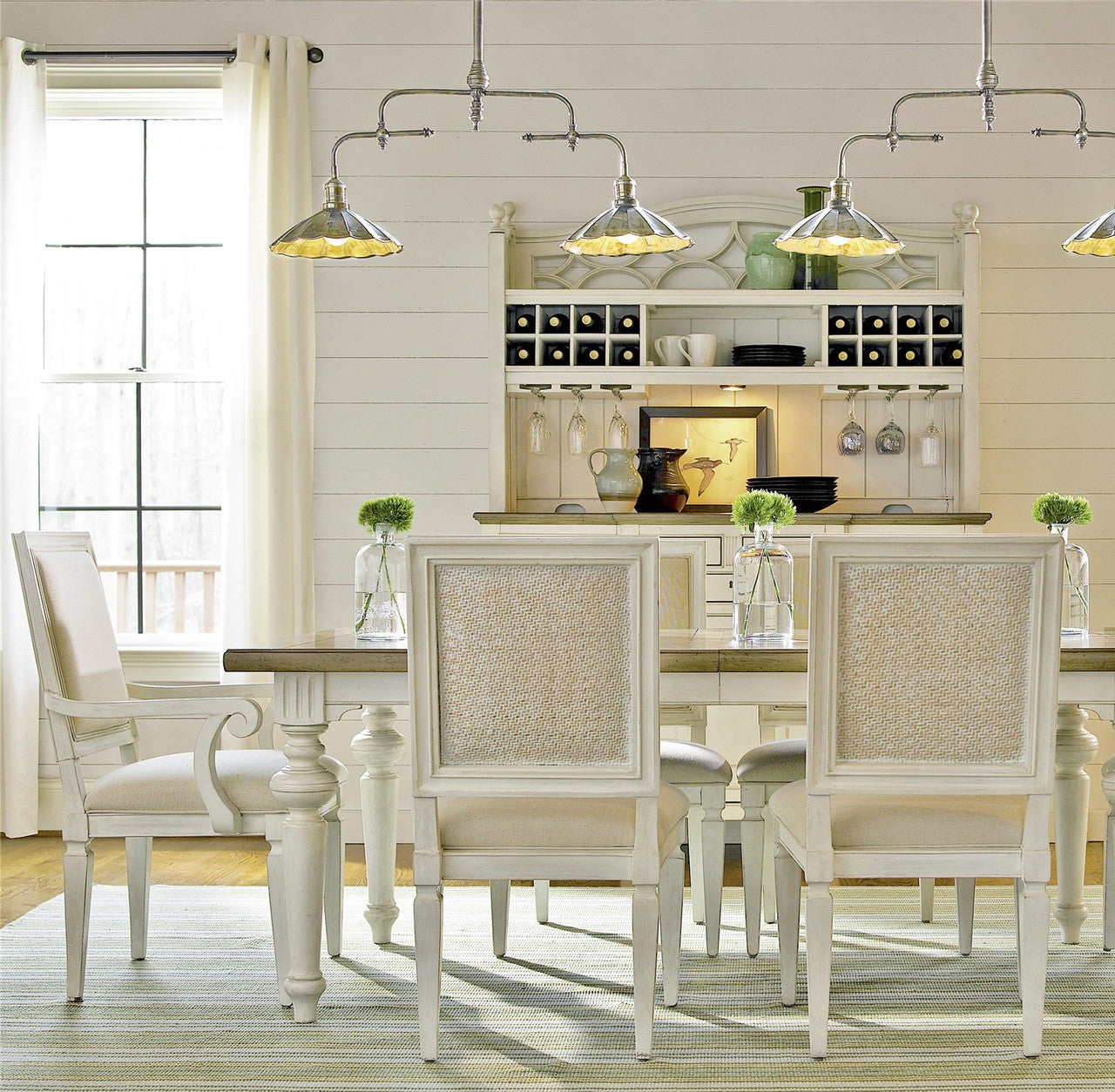 Country-Chic Woven Wicker Back Upholstered Kitchen Chairs, White Wood