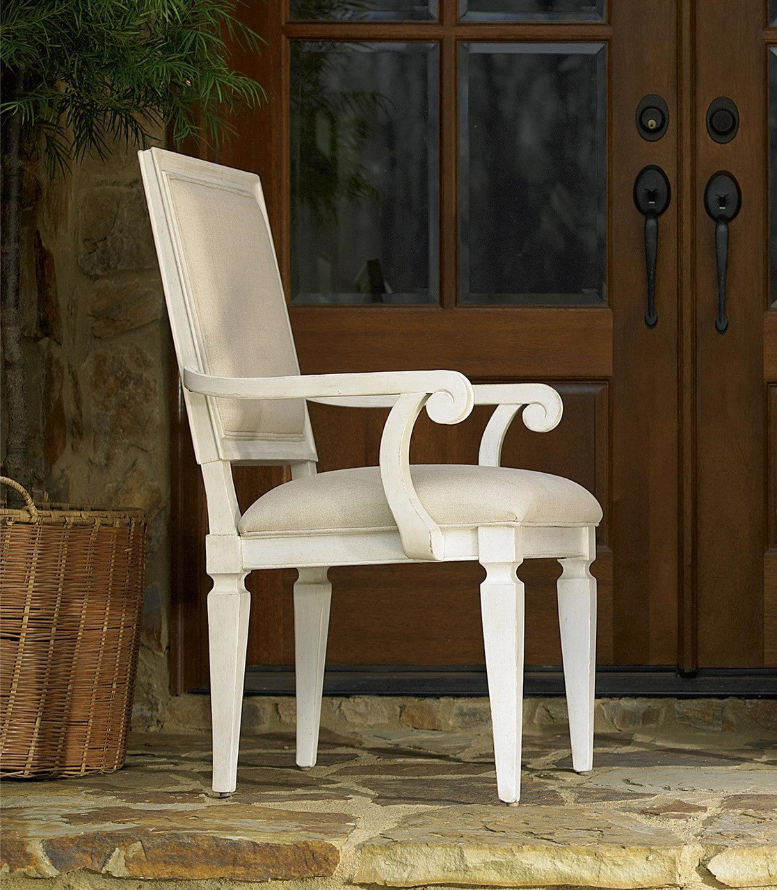 Country-Chic Woven Back Upholstered Dining Arm Chair