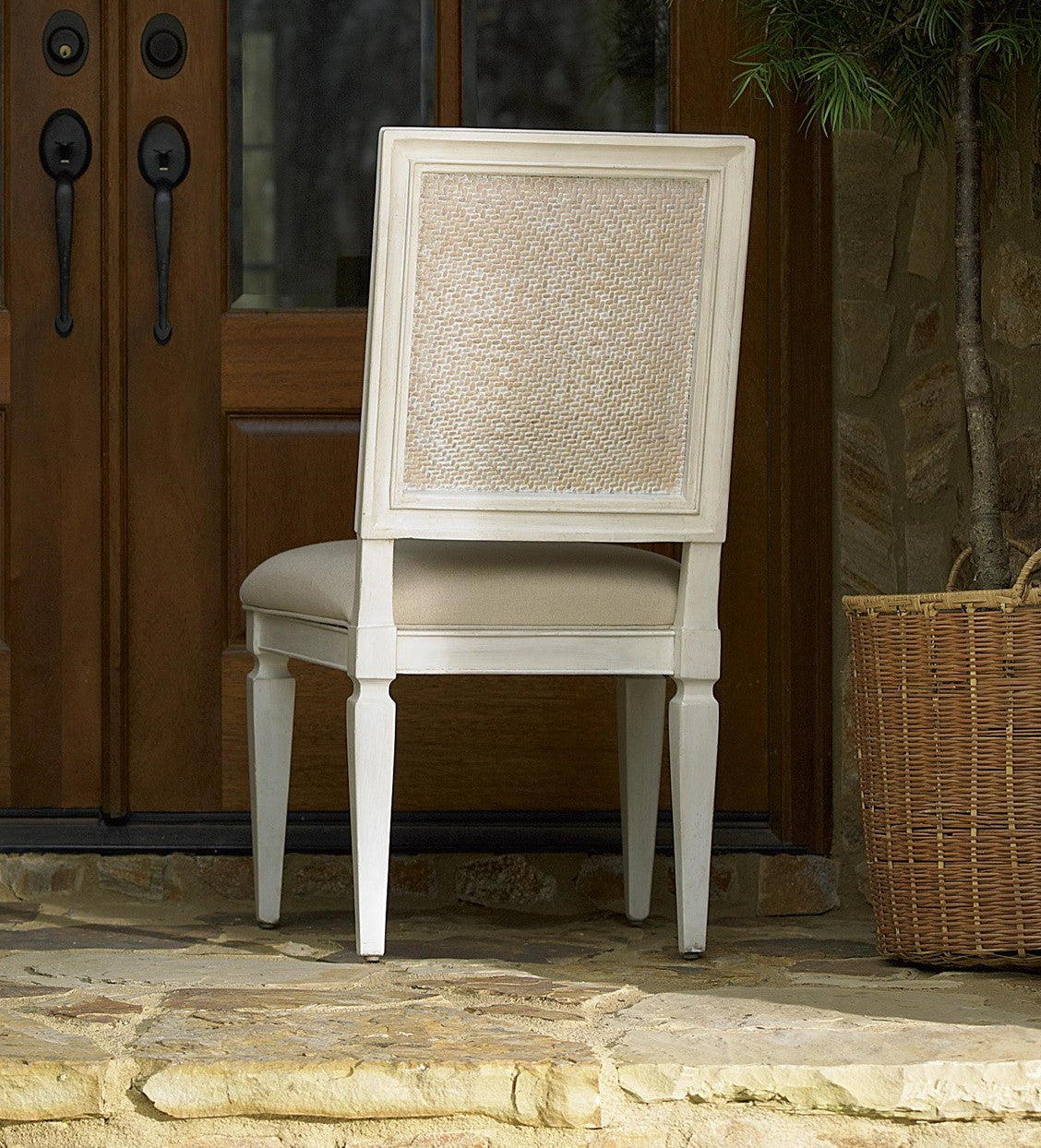Country-Chic Woven Back Upholstered Dining Chairs, White Wood