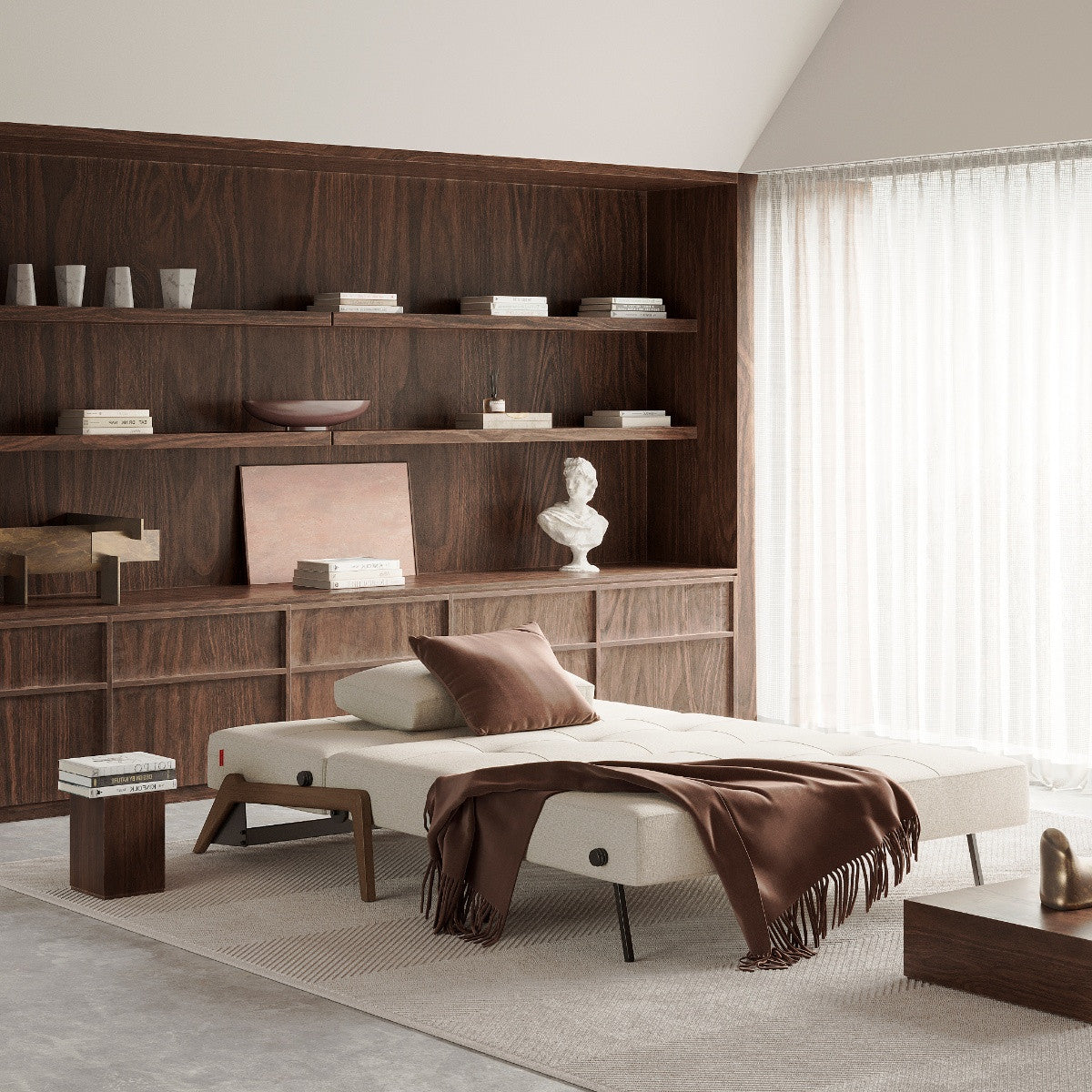 Cubed Queen Size Sleeper Sofa Bed With With Dark Wood Legs by