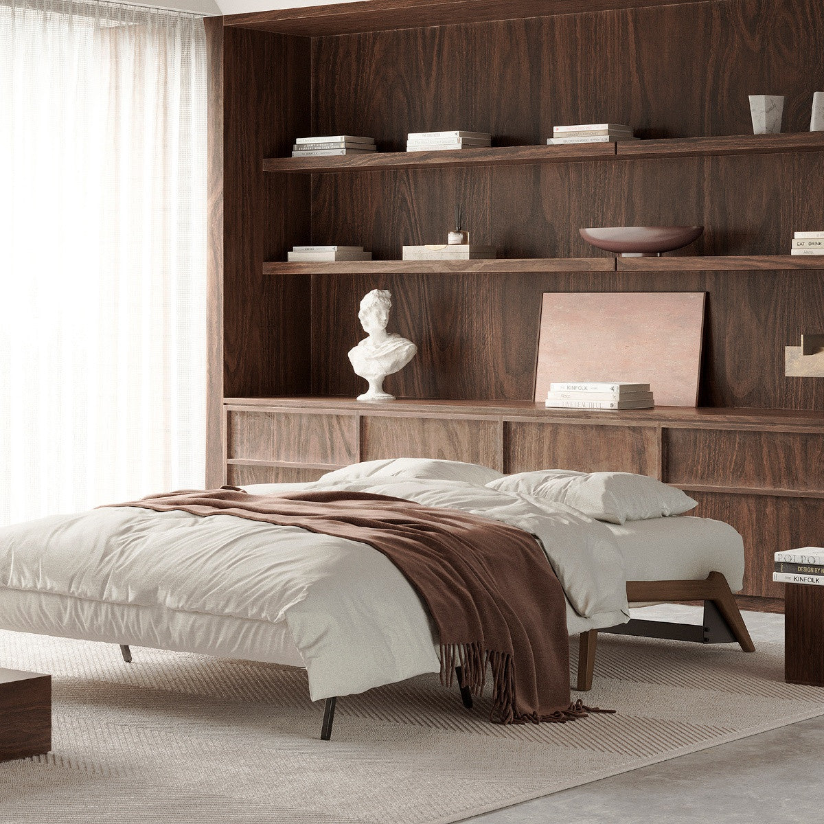Cubed Queen Size Sleeper Sofa Bed With With Dark Wood Legs by