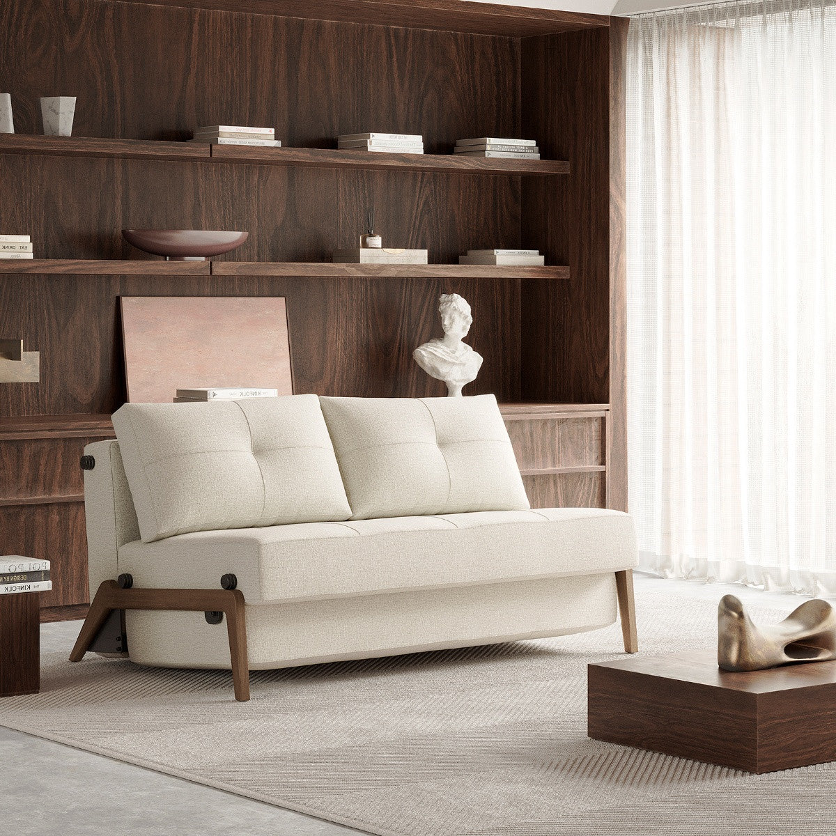 Cubed Queen Size Sleeper Sofa Bed With Dark Wood Legs