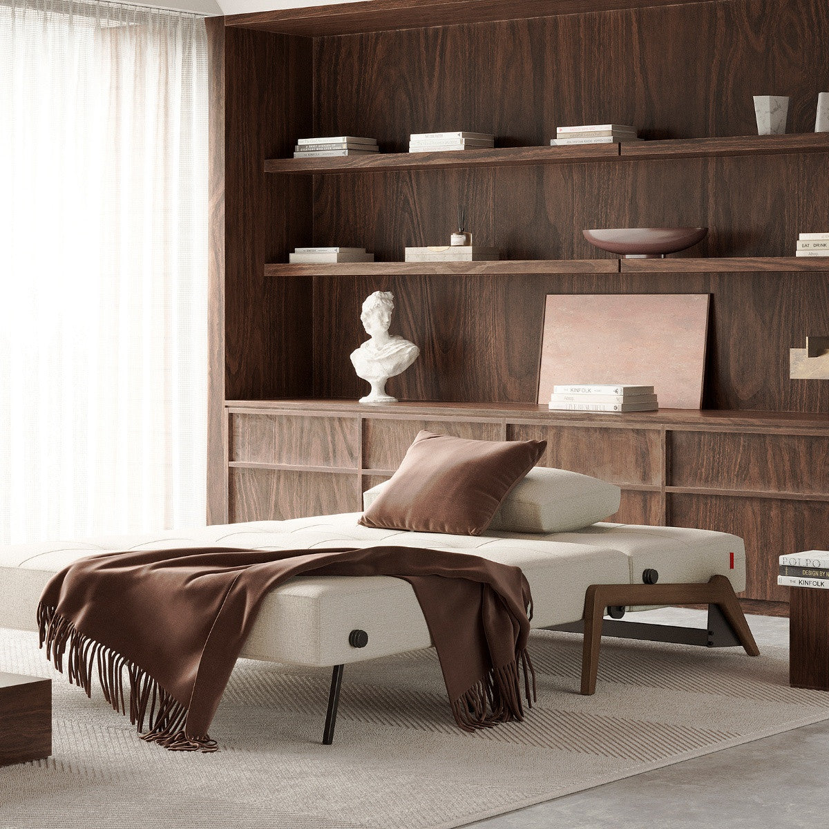 Cubed Queen Size Sleeper Sofa Bed With With Dark Wood Legs by